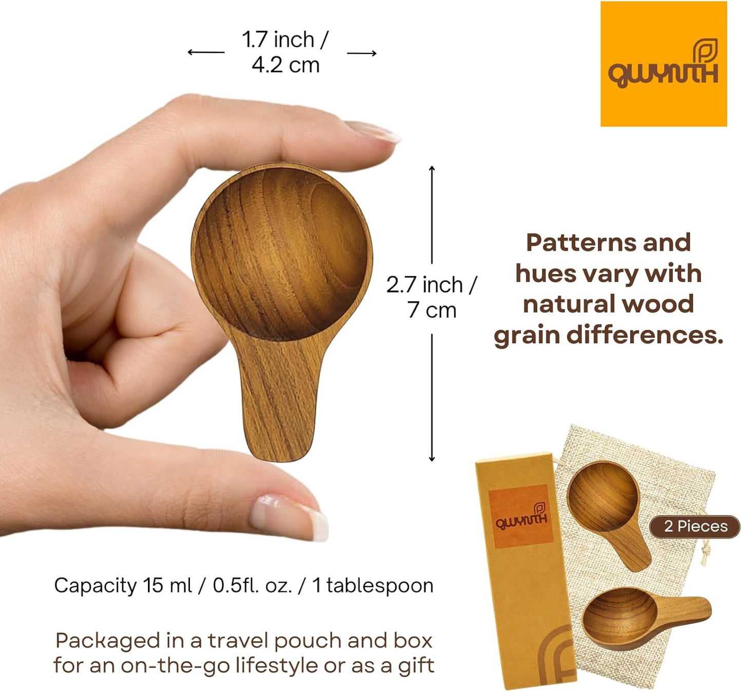Wooden Coffee Spoon, Handmade Teak Wood Scoop for Ground Coffee, Beans and Tea 1 Tablespoon for Jars and Containers (1 Piece)