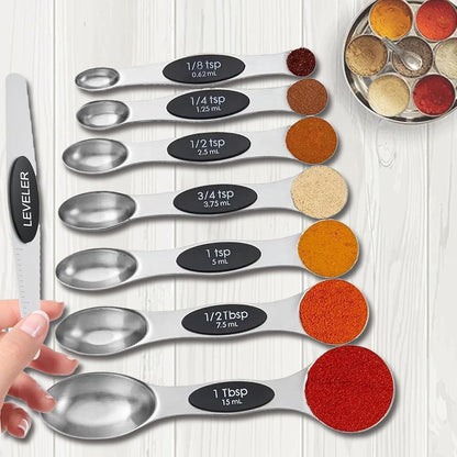 Magnetic Measuring Spoons Set of 8, Stainless Steel Double End Stackable Teaspoon for Cooking and Baking, Tablespoon with Leveler for Measuring Dry and Liquid Ingredients, Multicolor