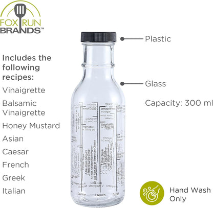 Fox Run Glass Salad Dressing Shaker Bottle, 300 ml/10.15 oz Dressing Bottle With Measurements and Recipes