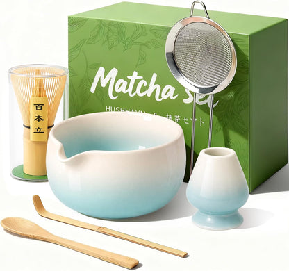 Matcha Whisk Set, Ceramic Matcha Set Includes Bowl & Holder, Bamboo Whisk (Chasen), Scoop, Spoon and Sifter, 6PCS Matcha Kit Covers Everything Needed for Making Matcha (Green)