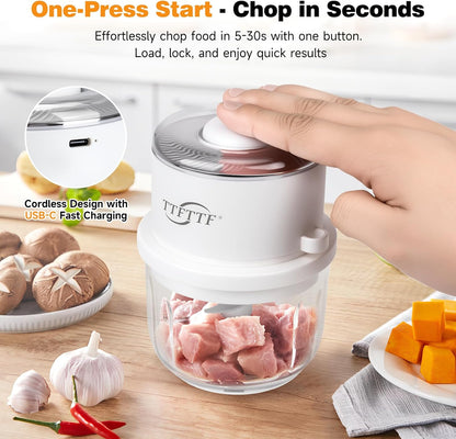 Electric Garlic Chopper, 350ML Glass Bowl Mini Food Processor, Portable Veggie Chopper Onion Garlic Grinder, Wireless Blender for Ginger, Chili, Fruit, Meat, etc