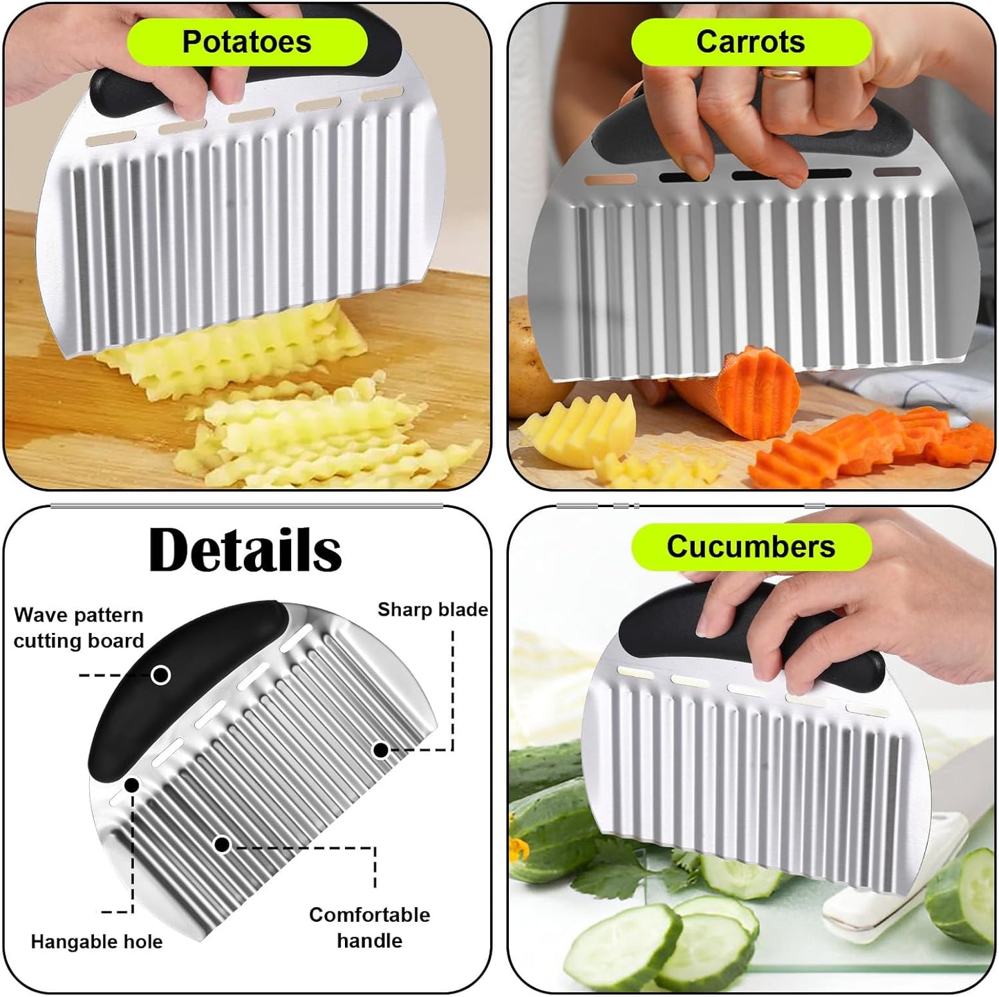 2 Pcs Fancy Crinkle Cut Slicer For Carrots Heavy Duty Stainless Steel Wavy Chopper, Large Wave Slicer For Potatoes, Carrots, And Veggies, Stainless Steel Vegetable Crinkle Cutting Tool Black Green