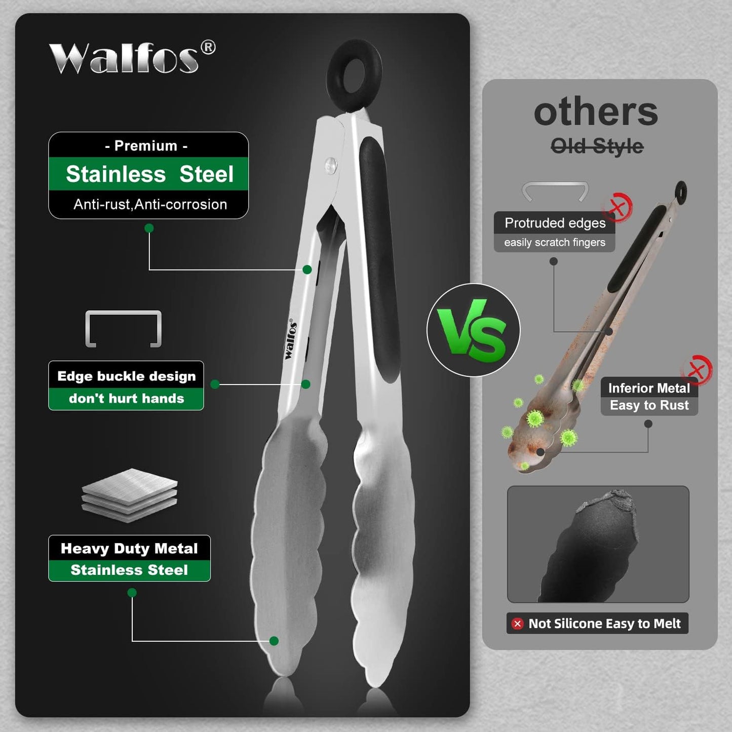 Walfos 600 Degree Heat Resistant Silicone Tongs for Cooking - Kitchen Tongs With Silicone Tips set of 3 size Food Looking Tongs (7" 9" and 12 inch Dark Grey)