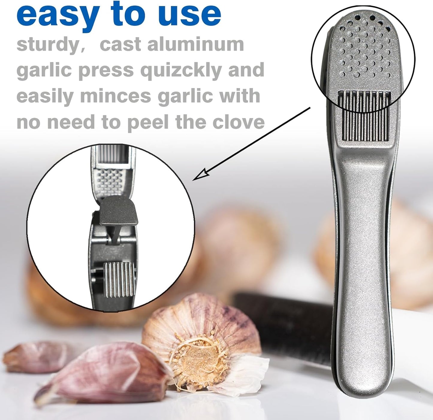 2-in-1 Professional Garlic Press and Peeler Set, Aluminium Press with Built-in Cleaner, Manual Crusher and Mincer for Unpeeled Garlic Cloves,Fast And Portable Garlic Peeler