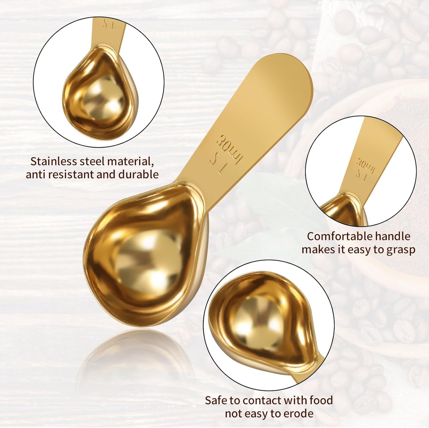 2 PCS Gold Measuring Spoons, 15 Ml and 30 Ml Stainless Steel Coffee Spoons Set Coffee Scoop for Ground Coffees, Long Handle Tablespoon Measuring Spoon for Milk Sugar Protein Brewin Gold Tea Spoon