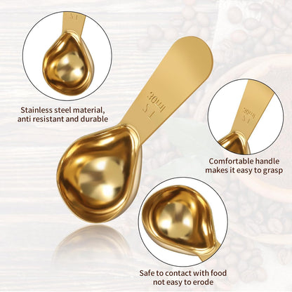 2 PCS Gold Measuring Spoons, 15 Ml and 30 Ml Stainless Steel Coffee Spoons Set Coffee Scoop for Ground Coffees, Long Handle Tablespoon Measuring Spoon for Milk Sugar Protein Brewin Gold Tea Spoon
