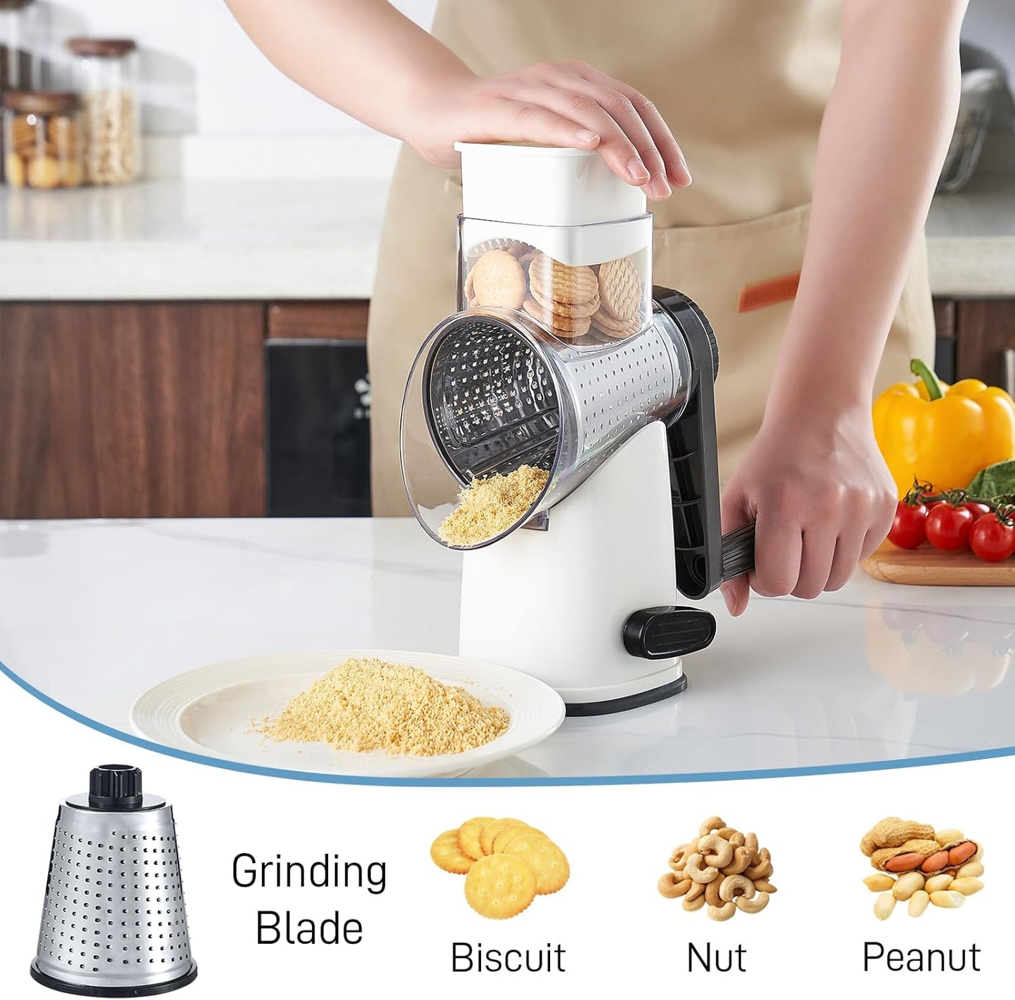 VEKAYA Rotary Cheese Grater Hand Crank with 4 Interchangeable Stainless Steel Blades, Large Manual Handle Shredder and Waffle Slicer for Vegetables, Cheese and Nuts with Table Suction Base(Blue)
