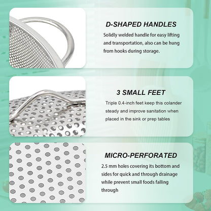 Stainless Steel Colander, 3-Quart Micro-Perforated Metal Colander Strainer with Handle for Kitchen/Draining Pasta/Rinsing Vegetables Fruits,Dishwasher Safe - 8.8 Inches