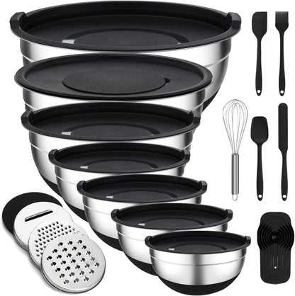 Unokit Mixing Bowls with Lids Set - 16 Pcs Stainless Steel Nesting Mixing Bowls with Grater Attachments, Mixing Bowl Set for Multi Mixing & Serving