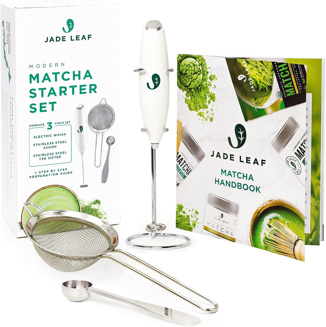 Jade Leaf Matcha - Traditional Starter Set - Japanese Matcha Gift Set Includes: Bamboo Whisk (Chasen), Scoop (Chashaku), Stainless Steel Sifter, Fully Printed Handbook