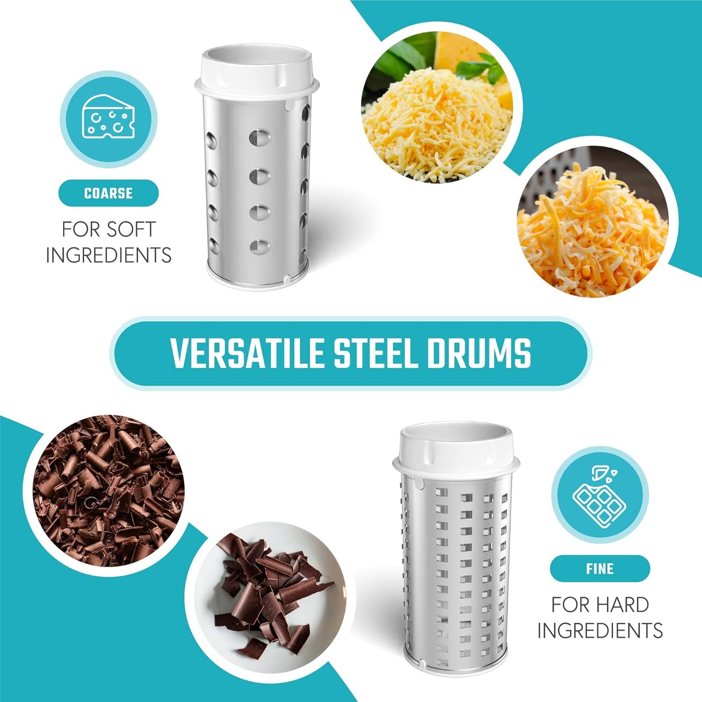 Vivaant Rotary Cheese Grater with Handle, Cheese Shredder Hand Crank with Suction Base & 5 Interchangeable Blades, Multi-Functional Food Chopper for Vegetables, Nuts & Chocolate - Easy to Use & Clean