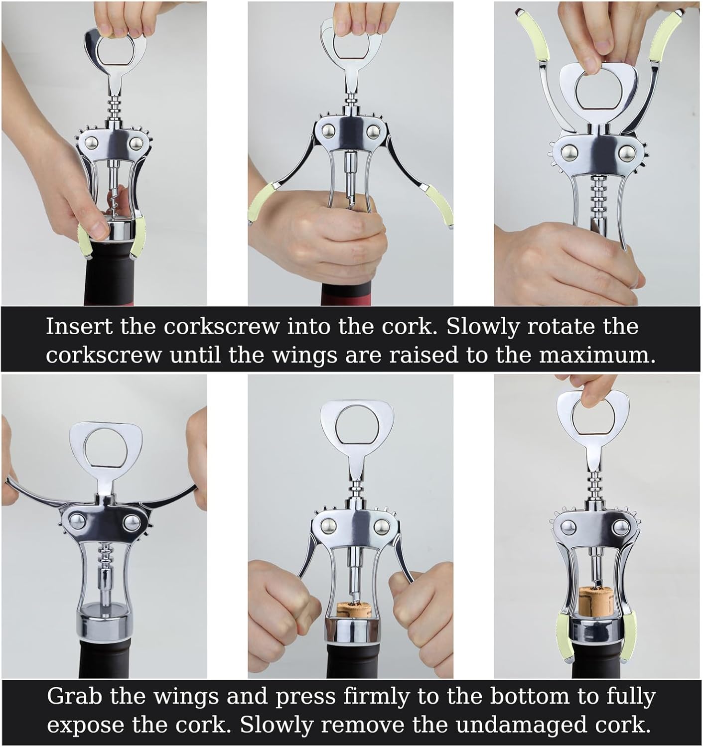 KORCCI Wine Opener, Heavy-Duty Zinc Alloy Wing Corkscrew, Premium Beer Bottle Opener, Multifunctional Wine Accessories with Ergonomic Handle and Sharp Screw, for Kitchen, Bar, Restaurant (SILVER)