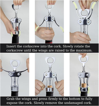 KORCCI Wine Opener, Heavy-Duty Zinc Alloy Wing Corkscrew, Premium Beer Bottle Opener, Multifunctional Wine Accessories with Ergonomic Handle and Sharp Screw, for Kitchen, Bar, Restaurant (SILVER)