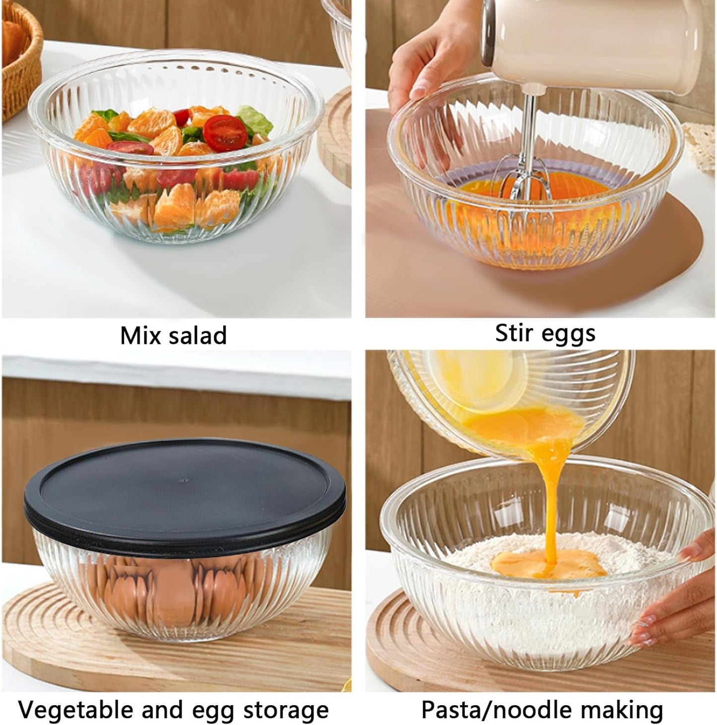 Glass Mixing Bowls with Lids Set(3.7QT,2.1QT, 1.1QT, 0.5QT), Nesting Space Saving Set of Bowls for Kitchen Cooking, Baking, Prepping, Dishwasher Safe Salad Bowls (Black)