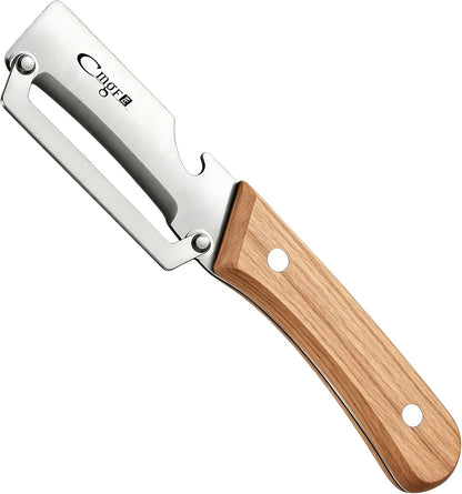 TEEVEA Multifunctional Vegetable Peeler, Zero Flex & Zero Snag, Stainless Steel with Wooden Handle, 2 in 1 Peeler with Bottle Opener for Fruit Potato Apple Carrot