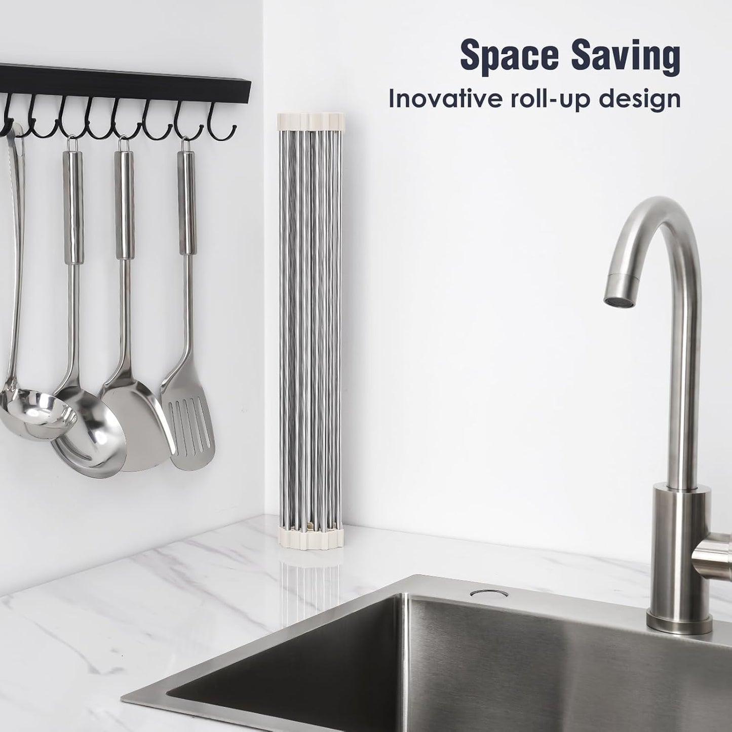 Tomorotec 17.7" x 15.5" Roll Up Dish Drying Rack Over Sink Drying Rack Sink Cover Kitchen Sink Accessories Gadget Multipurpose Organizer Foldable Stainless Steel Drainer