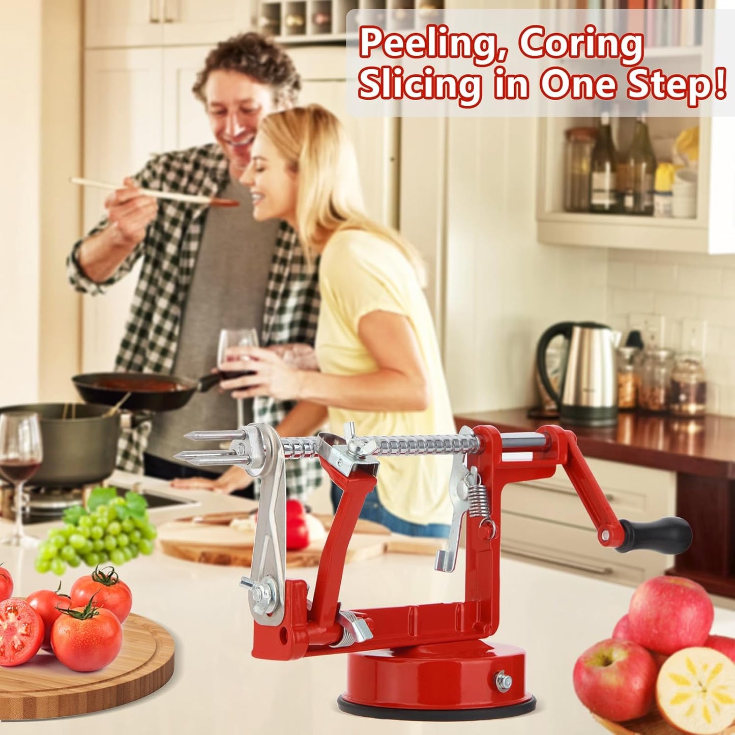 Apple Peeler Corer,Apple Slicer With Stainless Steel Blades,Fruit Cutter Machine, Convenient and Funny, Creative Kitchen Tool Gift for Baking Lover（Red）