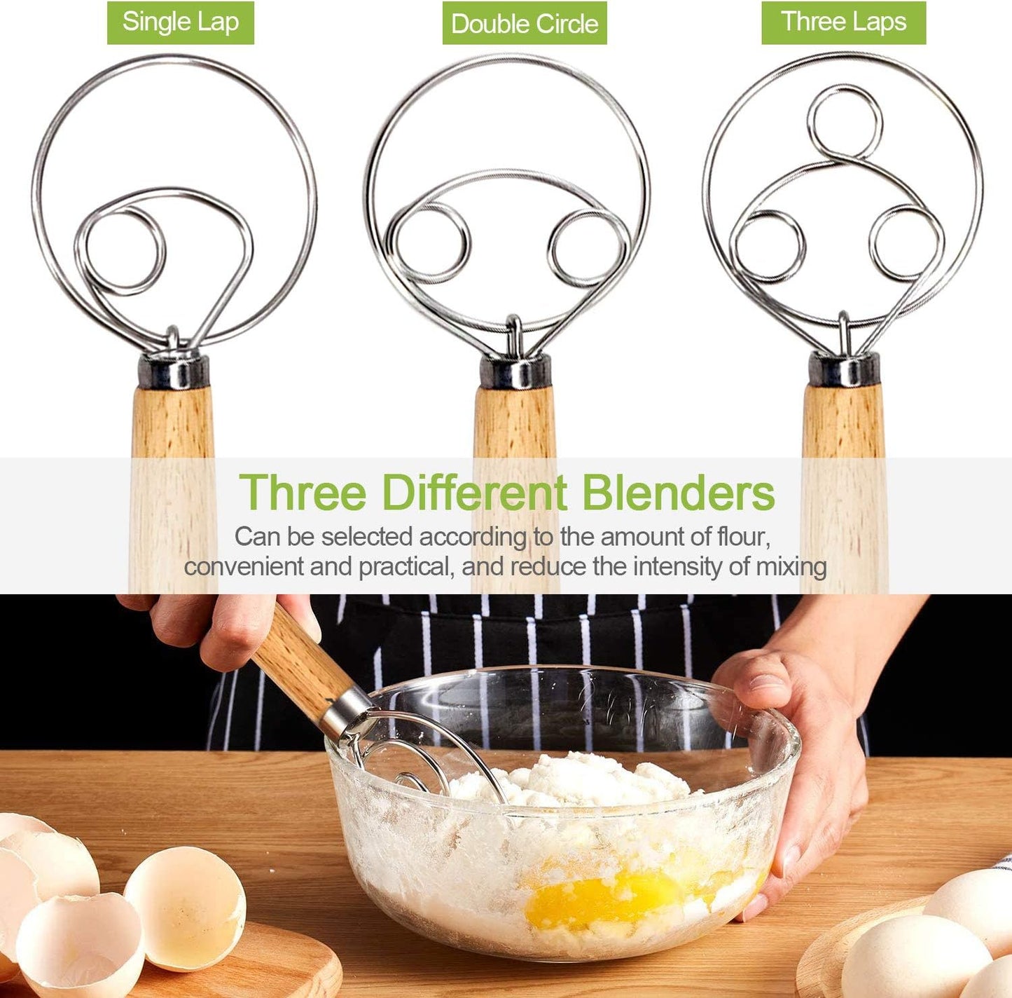 3PCS Danish Dough Whisks, Kalolary Premium Mixing Whisk Tools for Kitchen Baking Wooden Handle Stainless Steel Manual Dough Mixer Bread Cake Making(3 Size Included)