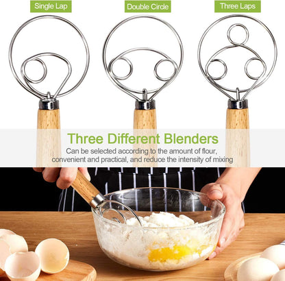 3PCS Danish Dough Whisks, Kalolary Premium Mixing Whisk Tools for Kitchen Baking Wooden Handle Stainless Steel Manual Dough Mixer Bread Cake Making(3 Size Included)