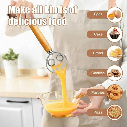 LorisArm Danish Dough Whisk, 13-inch wood handle Stainless Steel Dough Hook Dutch Whisk for Bread Sourdough Mixer Hand Wooden Handle Kitchen Whisking Mixing Tool