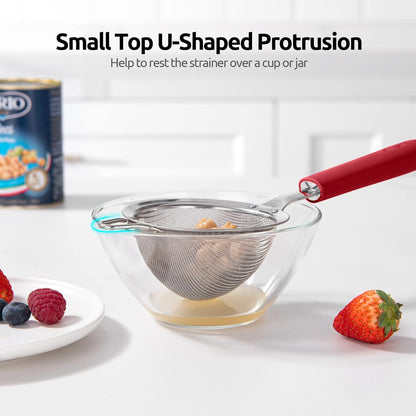 18/8 Stainless Steel Mesh Strainer: U-Taste 5.5 Inch Kitchen Fine Mesh Sieve Food Colander with Riveted Sturdy Silicone Handle and 30 Mesh Hole for Straining Flour, Pasta, Fruit, Quinoa(Aqua Sky)