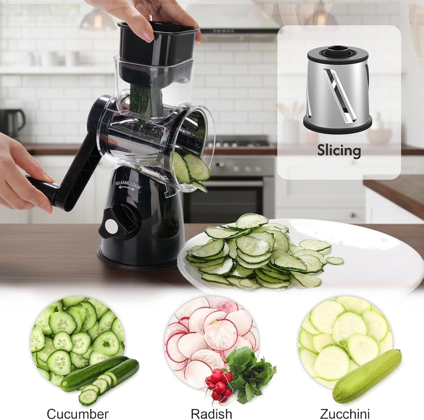Rotary Cheese Grater 3-in-1 and Shredder with Hand Crank - for Cheese, Vegetables & Nuts, Non-Slip Suction Cup Base, Food Grade, Black