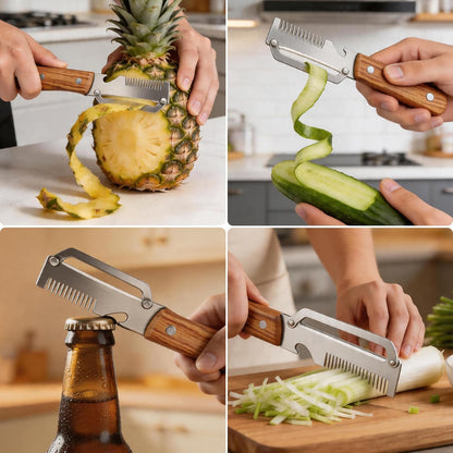 Multifunctional Vegetable Peeler, 3 in 1 Julienne Peeler with Wooden Handle, Vegetable Shredder with Bottle Opener Kitchen Tool for Peeling Veggie Fruit Pineapple Pumpkin Papaya Carrrot(2 Pack)
