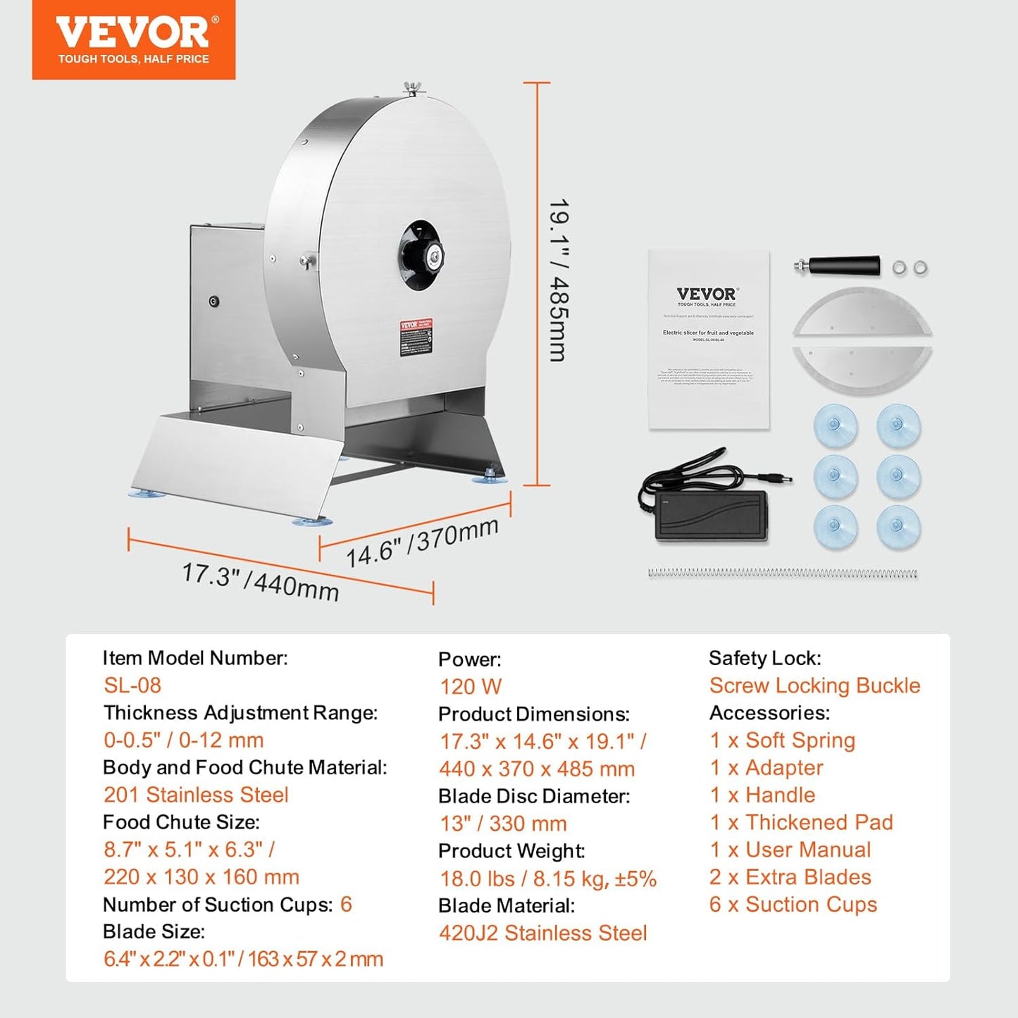 VEVOR Electric Vegetable Slicer, 0-0.5"/0-12mm Thickness Adjustable Commercial Slicer Machine, Convertible to Manual, Stainless Steel Food Cutter Slicing Machine, for Potato, Lemon, Tomato, Apple