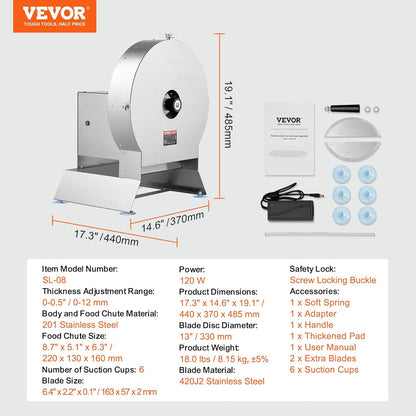 VEVOR Electric Vegetable Slicer, 0-0.5"/0-12mm Thickness Adjustable Commercial Slicer Machine, Convertible to Manual, Stainless Steel Food Cutter Slicing Machine, for Potato, Lemon, Tomato, Apple