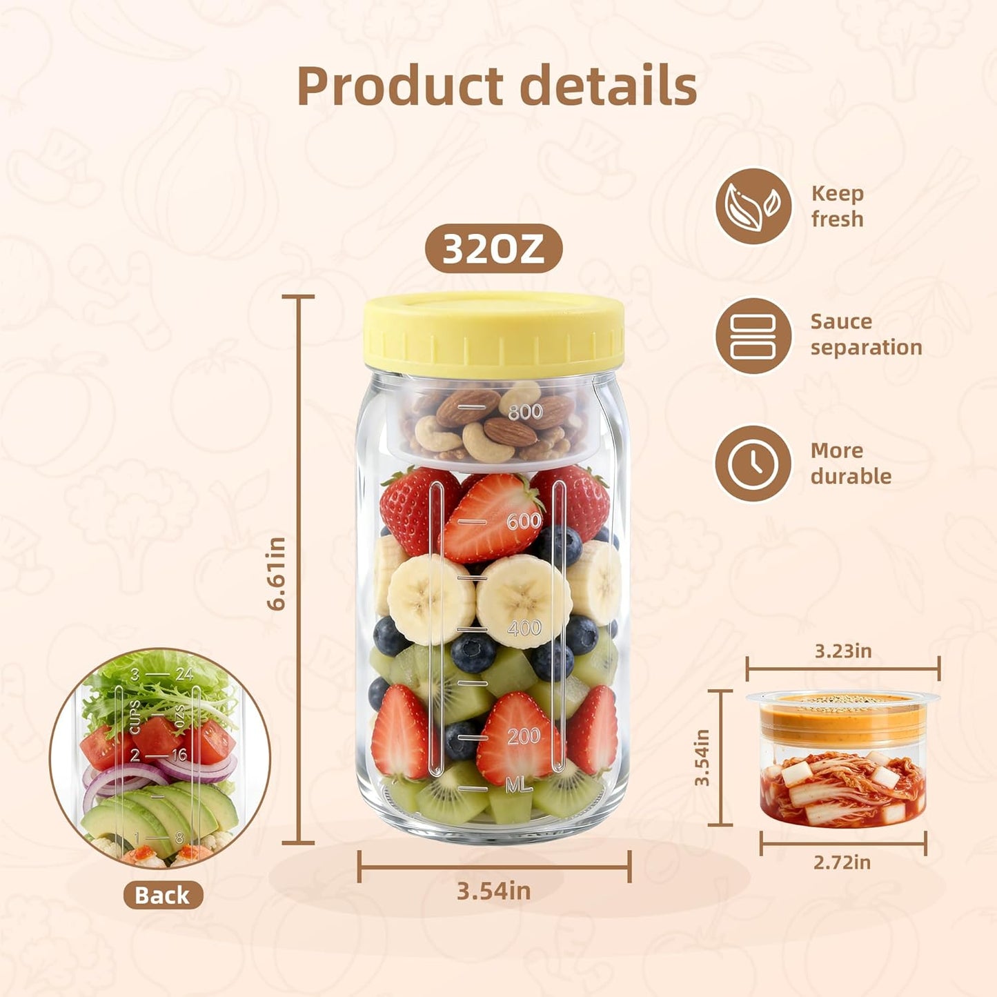 4Pack Glass Salad Jars with lids meal prep- 32oz Leakproof container for lunch | Comes with 2 Built-In Compartments for Wet/Dry Separation | salad dressing and dry ingredients storage.