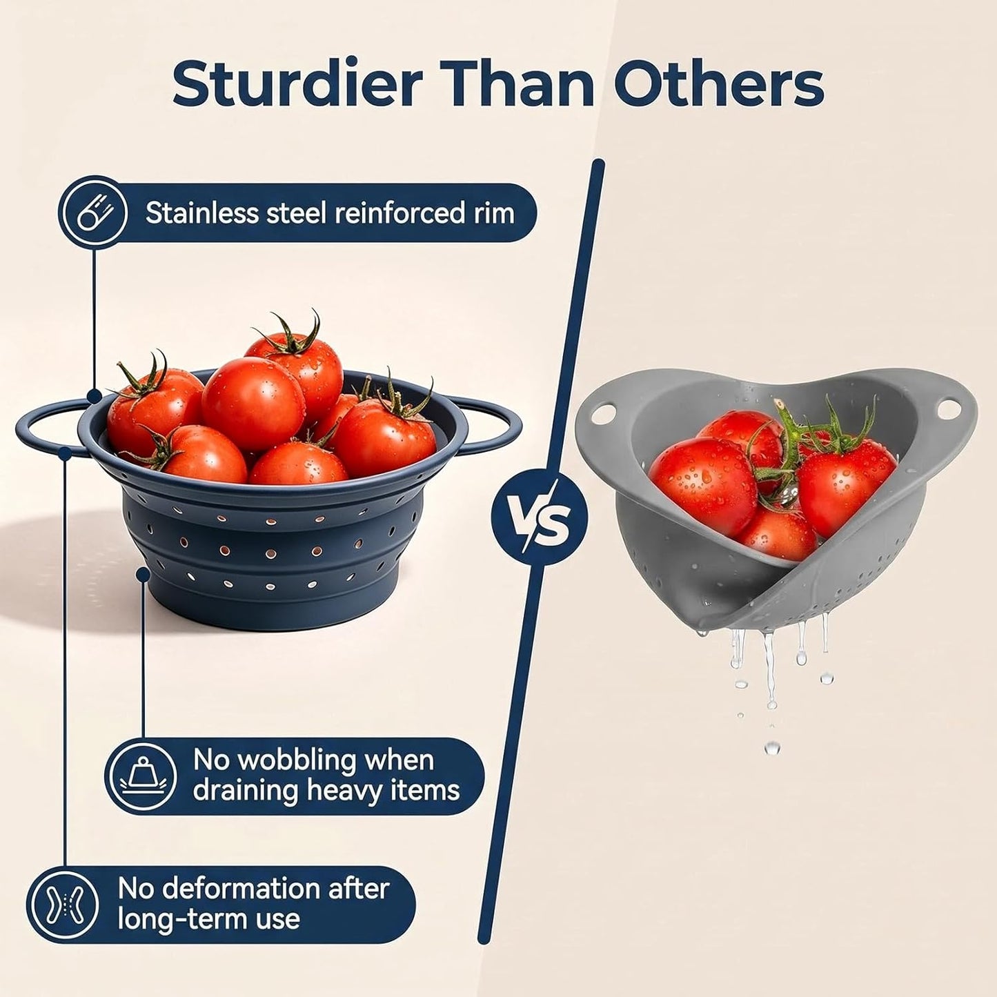 Collapsible Silicone Colander Strainer for Kitchen, Steel Rim Stable Foldable Strainer, BPA-Free Microplastic-Free,Heat-Resistant Steamer Basket, Stores Flat, Dishwasher Safe, Red