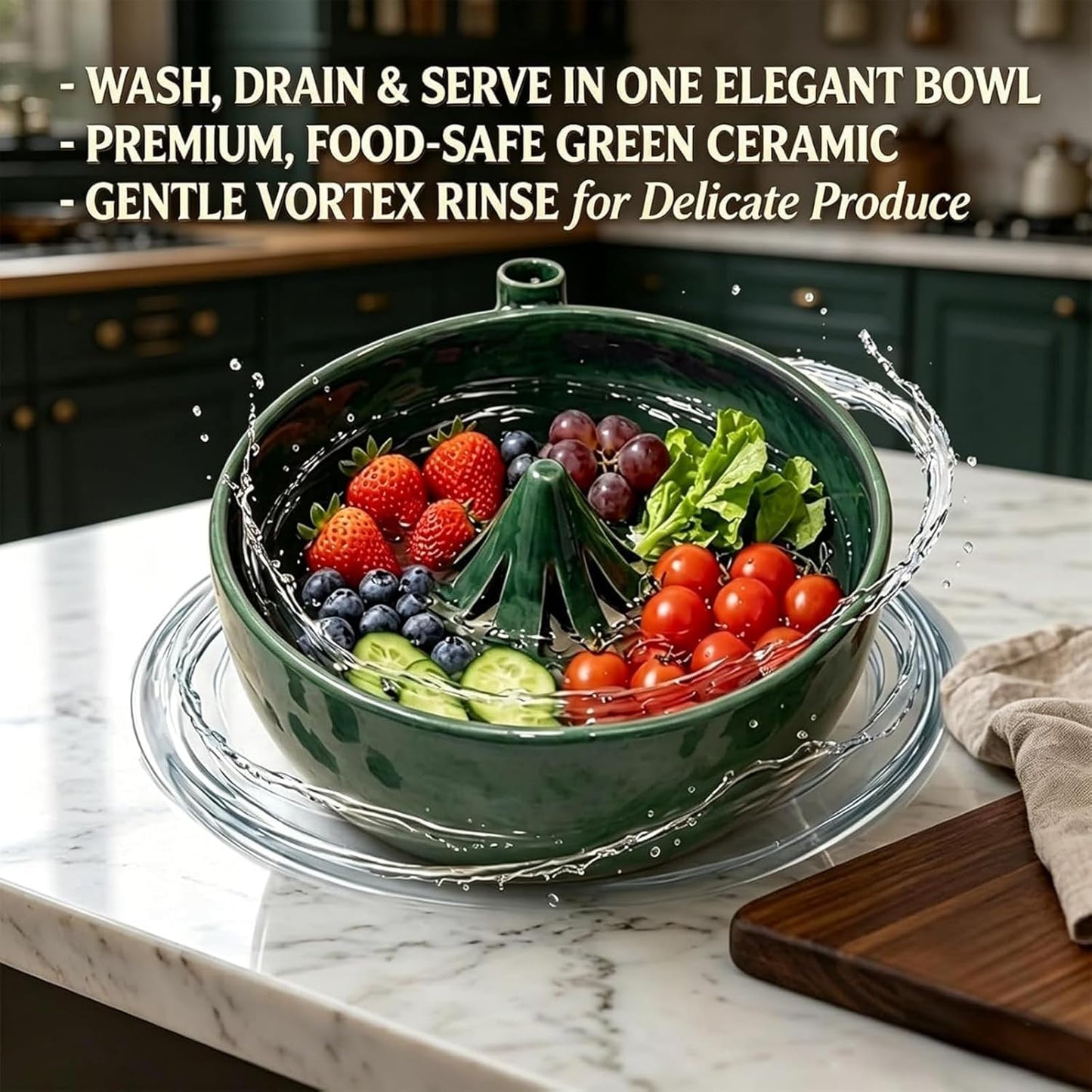 Self Spinning Berry Washing Bowl Ceramic, Automatic Berry Wash Bowl, Fruit and Vegetable Washer with Drain, Berry Bowl for Kitchen Trawberries Blueberries (1, 1pcs)