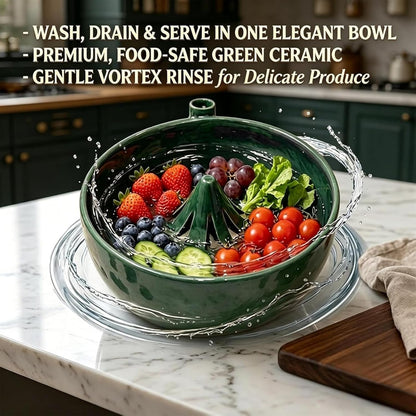 Self Spinning Berry Washing Bowl Ceramic, Automatic Berry Wash Bowl, Fruit and Vegetable Washer with Drain, Berry Bowl for Kitchen Trawberries Blueberries (1, 1pcs)