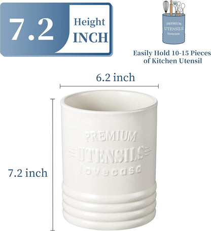 LOVECASA Utensil Holder, 7.2"+5.4" Ceramic Utensil Holder for Countertop, Large Cooking Utensil Crocks for Kitchen Counter, Farmhouse Utensil Vase for Housewarming, Kitchen Decor, Set of 2, Oasis