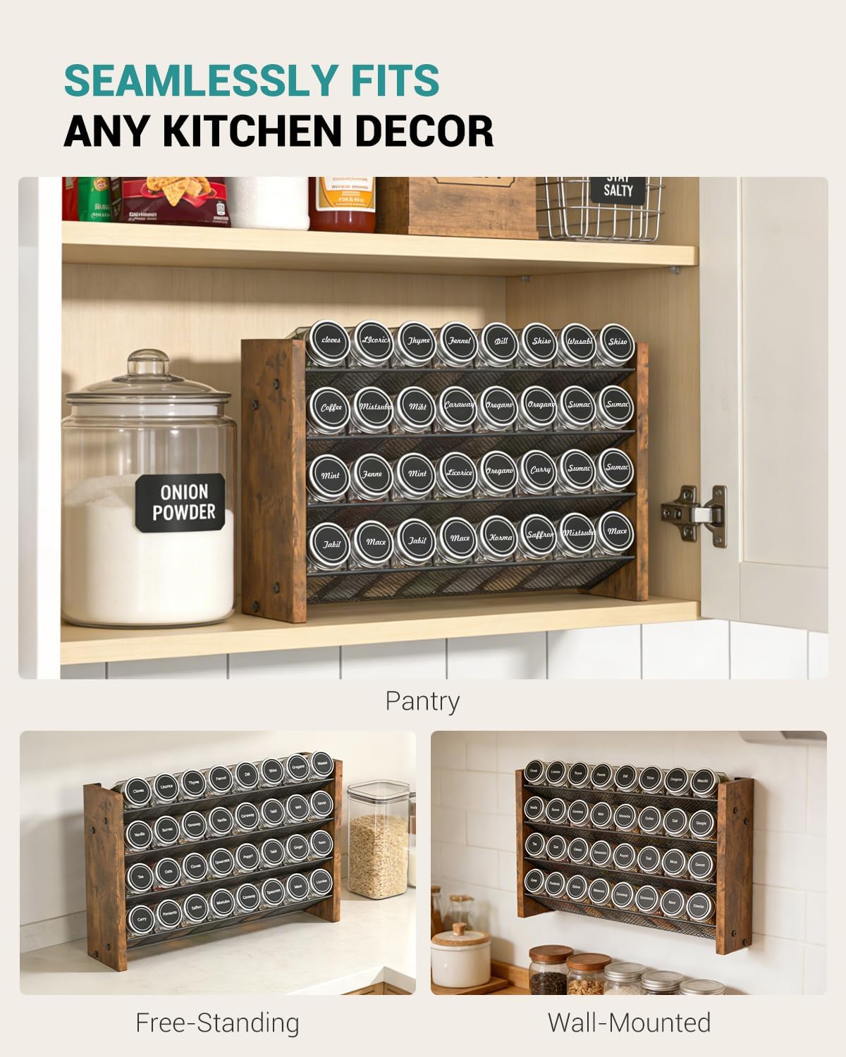 NESAPTO Spice Rack Organizer for Cabinet, Wood 4-Tier Vertical Seasoning Organizer, Wall Mount or Countertop Spice Shelf, Holds 28 Jars (No Jars Included), 14" W x 9.4" H