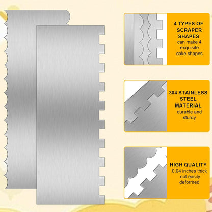 9 Inch Stainless Steel Cake Scraper Set Metal Cake Scraper Large Double Sided Patterned Stripe Edge Smoother for Mousse, Cream Decoration (2 PCS)
