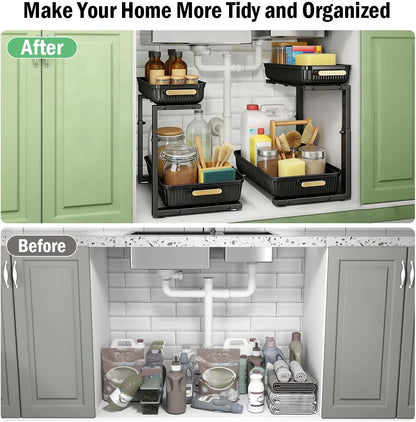 ARSTPEOE Under Sink Organizer - 2 Packs Multi-Purpose Pull-Out Storage Organizers, Slide out Pull out Metal Cabinet Organizer Shelf, Storage for Kitchen Bathroom, Black