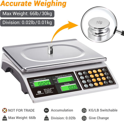 Commercial Food Scale 66lb/30kg, High Precision Digital Price Computing Scale for Farmers Marke, Deli, Dual Backlit LCD Display, Stainless Steel Platform, Rechargeable Battery for Produce Meat