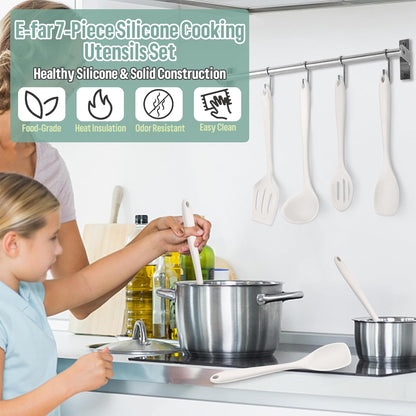 E-far Silicone Cooking Utensils Set, 7-Piece Black Heat Resistant Kitchen Utensils Set, Kitchen Nonstick Tools Spatula Ladle Spoon Pasta Server for Non-stick Cookware, Non-Toxic & Dishwasher safe