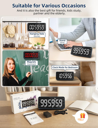 7.8" Digital Kitchen Timer with Large LED Display, Magnetic Rechargeable Countdown Timer, 5 Alarms & 4 Volume Levels, 99H Count Up/Down Timer for Cooking, Classroom & Study