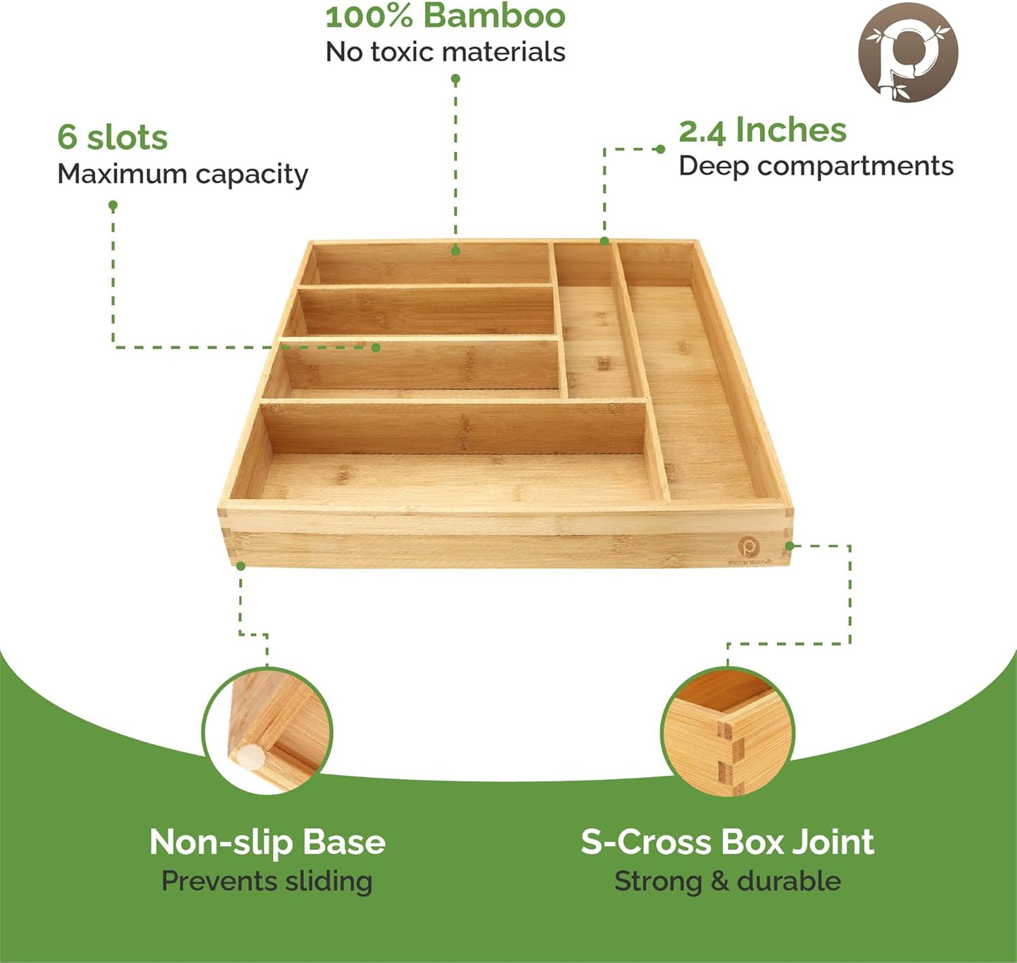 Pristine Bamboo Silverware Organizer - Small Extra-Deep Wooden Kitchen Drawer Organizer Divider for Spoons, Forks, Knives & Cutleries - 5 Slots