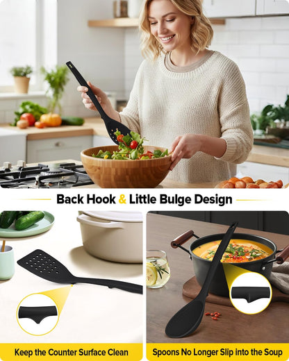 Pack of 4 Silicone Cooking Utensils Set, Non Stick Solid Spatulas and Heat Resistant Slotted Spoons with Back Hooks, Ideal BPA Free Kitchen Utensils Set for Frying,Serving,Turning,Stirring(KHAKI)