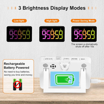 PERSUPER Digital Timer Kitchen Timer Count Down Up Rechargeable Kitchen Gadgets Vibration Mode Adjustable Volume and Brightness LED Display Time Management for Cook, Desk, Kids Adults Study Teaching
