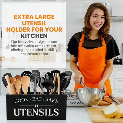 Extra Large Kitchen Utensil Holder for Countertop, 4 Compartment Large Capacity Utensil Organizer, Holds 30 Plus Cooking Utensils, Kitchen Counter Organizer, Space Saving Storage