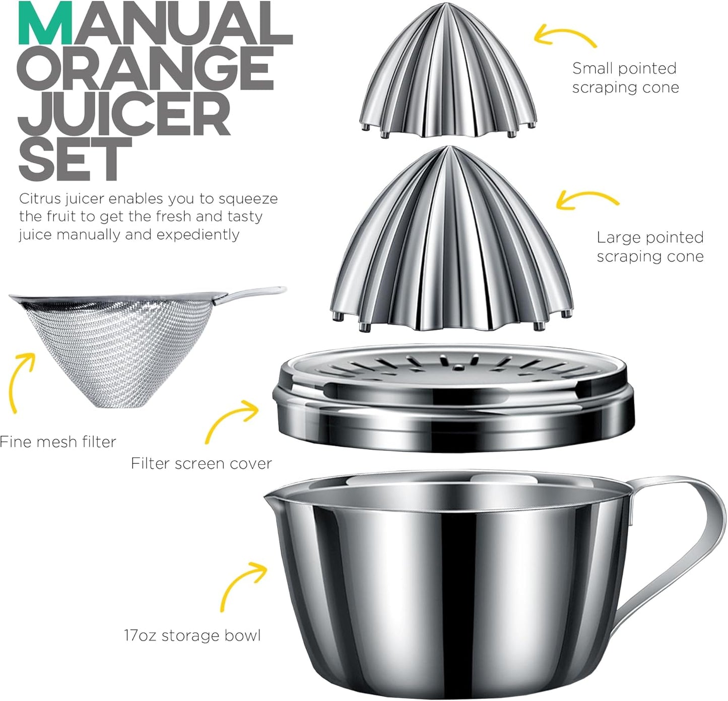 Homestia Stainless Steel Manual Citrus Juicer - Lemon Orange Grapefruit Squeezer with 2 Detachable Cones, 14oz Bowl & Slot Strainer, 304 Heavy Duty Hand Press Juicer for Fresh Juice ﻿