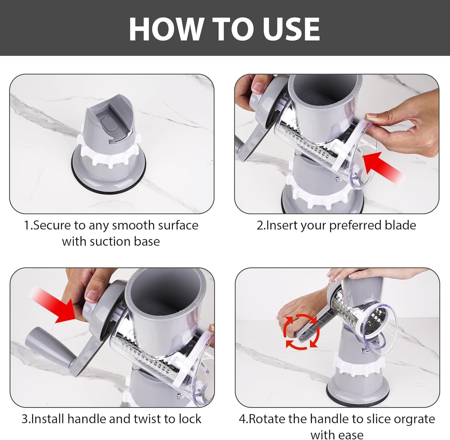 Rotary Cheese Grater Hand Crank with Peeler, Cheese Shredder with 3 Stainless Steel Changeable Blades, Kitchen Food Slicer with Non-Slip Suction Base for Cheese Fruit Vegetables Nuts (Gray)