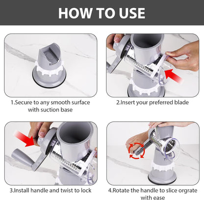 Rotary Cheese Grater Hand Crank with Peeler, Cheese Shredder with 3 Stainless Steel Changeable Blades, Kitchen Food Slicer with Non-Slip Suction Base for Cheese Fruit Vegetables Nuts (Gray)