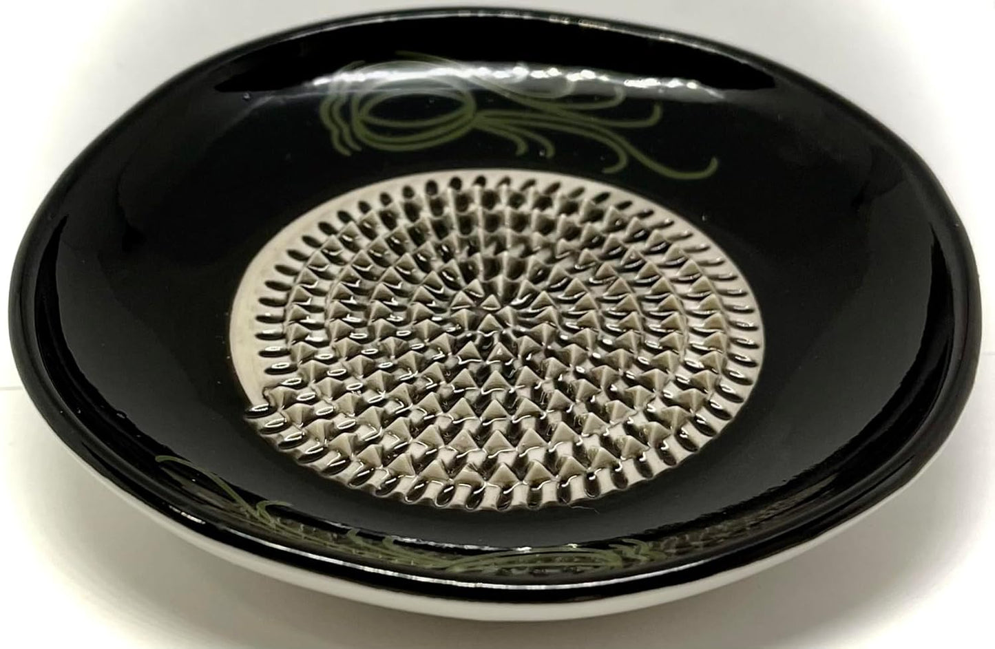 BonCera, All-in-one Premium Ceramic Garlic Grater Plate 4-Piece Set - Black Garlic Design - for Garlic, Ginger, Chocolate, and More! - Comes with 5.25" Plate, Peeler, Brush, and Stand