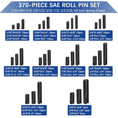370 Pcs Roll pin Assortment, SAE Roll Pin Set, Slotted Spring Pins, Steel Split Expansion Pin, Black Roll Pins, 1/16 5/64 3/32 1/8 5/32 3/16 7/32 1/4 5/16 3/8 Inch Spring Dowel