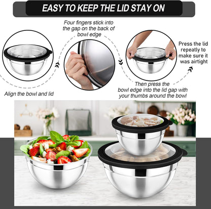 P&P CHEF Mixing Bowl with Lid Set of 7, Stainless Steel Nesting Salad Bowls for Cooking Serving Prepping, Clear Lids & Stackable Design, Size 4.6, 3.5, 3, 2, 1.5, 1, 0.7 Qt - Khaki